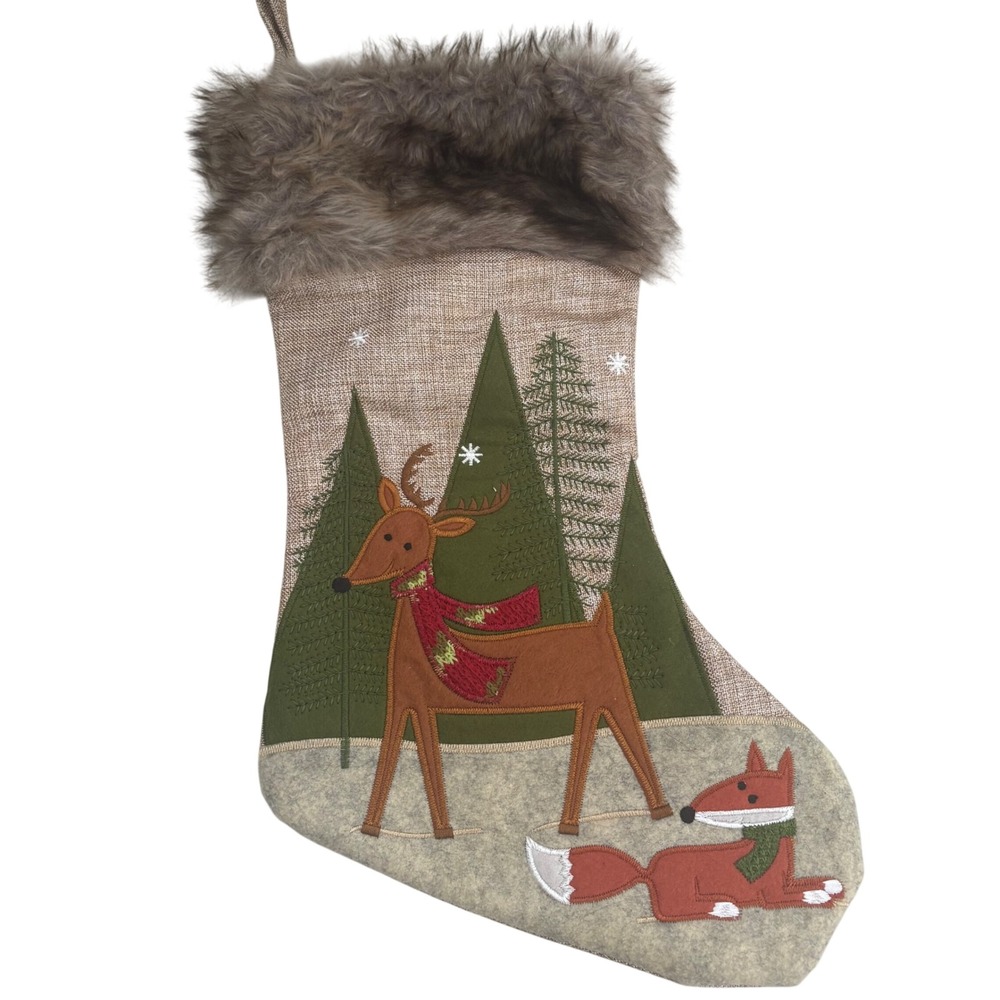 Hobby Lobby Burlap Christmas Stocking Woodland Reindeer Fox Faux Fur 9181601